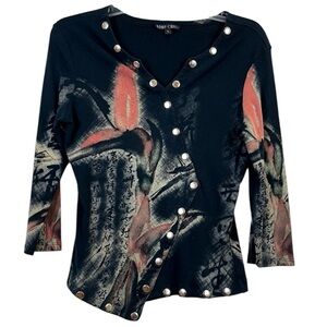 Boho Chic Black Metal Studded Gothic Y2K Asymmetrical Top Size L